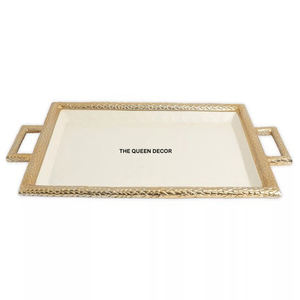 Plateau de service décoratif ovale en aluminium luxueux avec poignées en feuille de laiton doré, fait main, décoration d'intérieur, prix le plus bas - Product Image 2