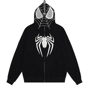 Spider Man Pulling <b>Masked</b> Design Eyes Hollowed Visible Zipper Open Spider Hoodie American Streetwear Fashion Men's Sweatshirt - Product Image 3