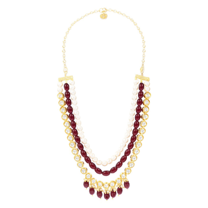 ชุดสร้อยคอหลายชั้นประดับทองคำและลูกปัด Kundan - สร้อยคอแฟชั่น NS501 สีแดงเลือดหมู - Product Image 2