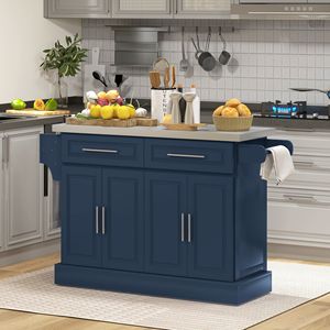 Carrello da Cucina Blu Navy con Piano in Acciaio Inox Rotante, 2 Cassetti, Porta Spezie, Porta Coltelli e Porta Asciugamani in MDF - Product Image 2