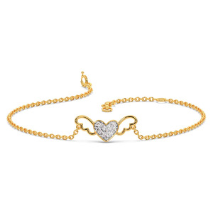 Bracelet en forme de cœur avec ailes d'ange et diamants, chaîne en or jaune et design romantique d'ailes ouvertes au centre - Product Image 1