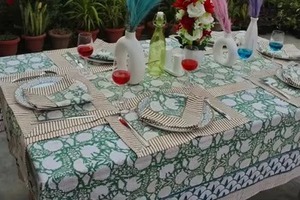 Handblock Printed <b>Tablecloth</b> Green and White Vintage <b>Tablecloth</b> Farmhouse Decor Wedding <b>Tablecloth</b> Custom Size Cotton Tablecover - Product Image 3