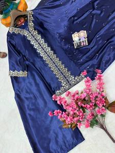 Ensemble indien pakistanais brodé bleu, kurta à manches longues, pantalon palazzo, tenue de mariage, salwar kameez - Product Image 4
