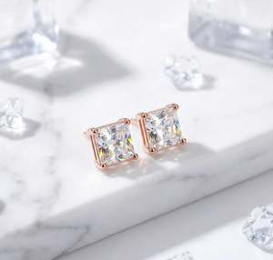 Princess Cut Moissanite Stud <b>Earrings</b> 925 Sterling <b>Silver</b> Rose Gold Plated Certified Luxury Classic Square Design Elegant - Product Image 1