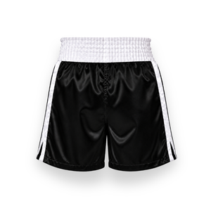 Shorts de boxe personnalisables en satin noir 100 % polyester, séchage rapide, unisexe, pour adultes, vêtements d'arts martiaux, logo frontal, coupe ample - Product Image 2