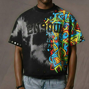 Camiseta de diseñador para hombre con logo de diamantes de imitación personalizado, de manga corta, de peso pesado, con estampado vintage desgastado por el sol, estilo streetwear para primavera. - Product Image 4