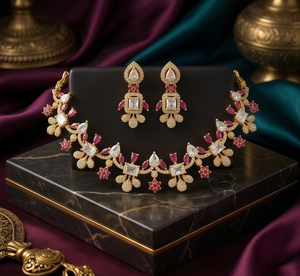 Divyor - Juego de Collar y Pendientes de Cobre Chapado en Oro con Circonitas, Diseño de Flor con Corte Princesa, Joyería de Boda Certificada, Clásico para Mujer - Product Image 2