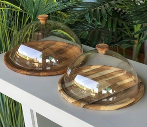 Plateau de service à gâteau en bois avec couvercle en verre, plateau rond pour présentation de desserts, plateau à fromage pour cuisine, boulangerie, restaurant - Product Image 1