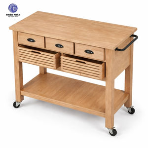 Chariot de rangement de cuisine en bois d'acacia et de chêne massif, chariot utilitaire à 3 niveaux avec roulettes, finition naturelle - Product Image 2