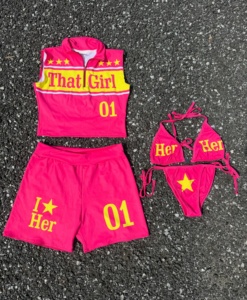 Custom Women 4 <b>Piece</b> Swimsuit Set Sleeveless Quarter Zip Crop Top Biker Shorts and <b>Bikini</b> Set Y2K Beachwear - Product Image 2