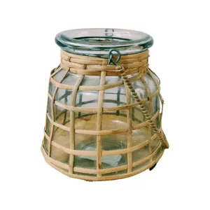 热销新款奢华竹编多功能天然装饰玻璃灯笼婚礼摆件蜡烛容器