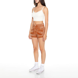 Shorts en toile délavée pour femme, taille basse, avec cordon de serrage, formel, imperméable, écologique, motif léopard, pantalon d'été ODM - Product Image 3