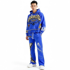 Ensemble de survêtement streetwear bleu pour homme, sweat à capuche et pantalon de jogging avec imprimé lettres en strass, coupe ample, longueur intégrale, automne - Product Image 1