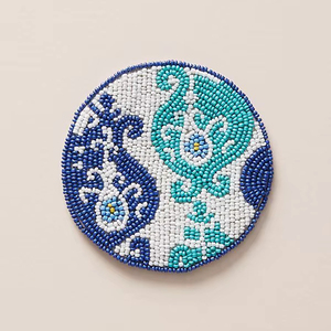 Blue Abstract Beaded Coaster Handmade <b>Round</b> Drink <b>Mat</b> Artistic <b>Table</b> Decor - Product Image 1