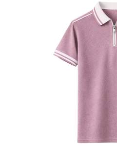 Polo de hombre personalizado con media cremallera, rosa empolvado con cuello blanco a rayas, manga corta, tejido texturizado, top informal, OEM personalizado - Product Image 2
