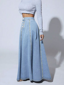 Jupe longue en jean taille haute coupe trapèze avec boutons sur le devant, coupe ample, en coton délavé, pour femme, décontractée, printemps - Product Image 4