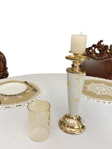 Luxury Marble Effect <b>Candle</b> Holder Set with Gold Metal Base Amber Glass <b>Hurricane</b> Modern Decorative Table Centerpiece - Product Image 6