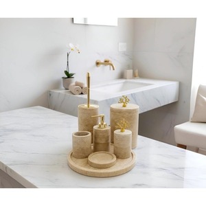 Juego de baño de mármol de alta demanda, seis piezas, dispensador de jabón redondo minimalista, soporte para cepillos de dientes, bandeja, fácil de limpiar - Product Image 4