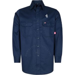 Sleeve Button Flame Retardant Snap FR Work <b>Shirt</b> Fire-Resistant Safety Workwear Men's Flame Resistant Navy Long Sleeve - Product Image 1