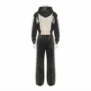 women tracksuit set cropped <b>hoodie</b> wide leg sweatpants two piece outfit acid wash tracksuit <b>rhinestone</b> <b>hoodie</b> zip up <b>hoodie</b> - Product Image 3