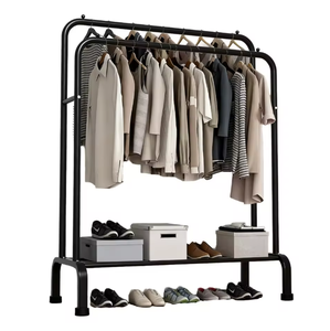 Porte-vêtements moderne à double rail, robuste, en métal, avec étagères de rangement et roulettes - Product Image 2