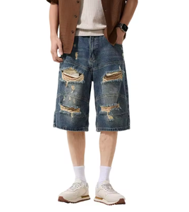 Shorts en jean baggy déchirés pour hommes, style streetwear, patchwork, trous, style hip-hop et motard - Product Image 5
