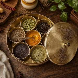 Boîte à épices en fer avec couvercle gravé floral, récipient traditionnel pour masala, herbes et assaisonnements de cuisine, qualité alimentaire, compatible lave-vaisselle - Product Image 3