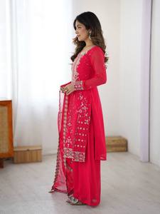 Elegante Conjunto de Traje Pakistaní de Georgette Sintético con Dupatta y Palazzo con Bordado de Hilo para Mujer - Product Image 3