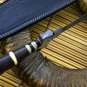Couteau à lame fixe en acier Damas fait main, pointe tombante, manche en bois, couteau de chasse avec étui en cuir - Product Image 4
