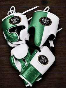 Guantes de Boxeo Personalizados Blancos y Dorados 'No Boxing No Life' de Cuero Vacuno Auténtico, Protector de Cabeza y Protector Inguinal, con Cordones y Dedos Completos - Product Image 3