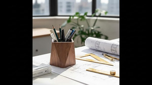 Geometric Wooden Pencil Holder <b>Minimalist</b> <b>Desk</b> Organizer for Office Tabletop Home Decor Durable Wood Pen Stand - Product Image 2