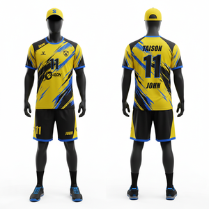 Uniforme de handball pour hommes, polyester premium, interlock respirant, design à panneaux jaune, noir et bleu, uniforme de handball personnalisé - Product Image 1