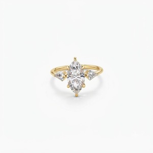 Anillo de compromiso con diamantes creados en laboratorio con corte marquesa y corte cometa, certificado por IGI, anillo solitario de tres piedras, oro de 10K, 14K, 18K. - Product Image 1