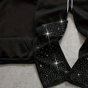 Survêtement noir à capuche 2-en-1 respirant pour femme, manches longues, imprimé à pois avec strass, cordon de serrage, sweat-shirt décontracté avec poches latérales, hiver - Product Image 1