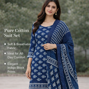 Costume Punjabi de luxe bleu indigo à fleurs pour femmes |   Ensemble Kurti Pyjama en Coton Fait Main avec Imprimé au Bloc et Sarong |   Robe indienne Pro - Product Image 4