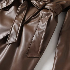 Manteau long en cuir d'agneau véritable marron avec ceinture, col rabattu, manches longues, imperméable, fermeture à un bouton - Automne Femme - Product Image 6