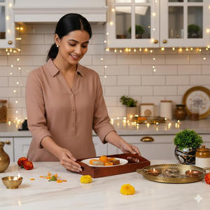 Bandeja Decorativa Rústica de Madera Maciza de Alta Calidad de Brownwood Handicrafts con Asa con Diseño Floral para una Elegante Mesa de Centro - Product Image 5