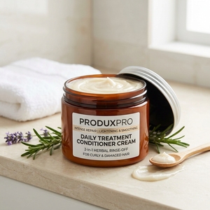 Crème revitalisante quotidienne ProduxPro réparatrice intense, éclaircissante et lissante pour cheveux bouclés et abîmés, soin 2-en-1 à base de plantes à rincer - Product Image 2