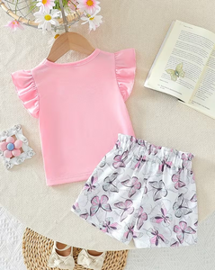 Customizable Brand Pink Girls 2Pcs Set Short Sleeve T Shirt Butterfly Print Elastic Waist Shorts Casual Summer Outfit - Product Image 2