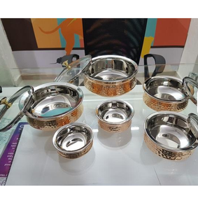 Ensemble de plats ronds en acier inoxydable et cuivre martelé avec couvercle, design moderne, vaisselle en métal écologique pour usage domestique - Product Image 2