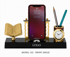 Organiseur de bureau en laiton avec support pour téléphone, horloge et porte-stylo, modèle 152, articles promotionnels avec base en bois - Product Image 3