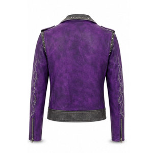 Purple PU Leather <b>Jacket</b> with <b>Rhinestone</b> Print Full Sleeve Biker Style All Seasons Motorcycle Wear Waterproof Windproof Unisex - Product Image 3