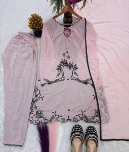 Ensemble tunique ample rose lilas de créateur 2026 avec bordure festonnée à appliques contrastantes, style pakistanais, robe à manches larges, vente en gros - Product Image 6