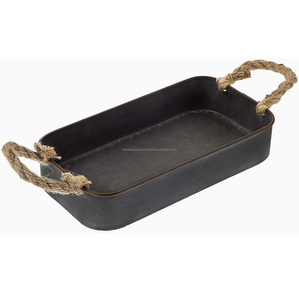 Galvanized Tray with Rope Handle Industrial Style <b>Rectangle</b> Decorative Tray Centerpiece for Living Room Kitchen <b>Coffee</b> <b>Table</b> - Product Image 1