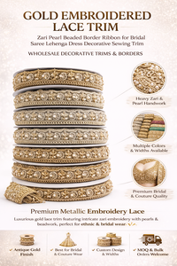 ริบบิ้นแต่งขอบด้วยลูกปัดมุกและลายปักดิ้นทองสำหรับชุดเจ้าสาวแบบส่าหรีและเลเฮนกา - Product Image 6