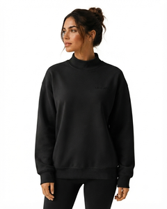 Women's <b>Black</b> Oversized Mockneck Sweatshirt Solid Color Cotton Long Sleeve Casual <b>Top</b> Front Letter Logo Autumn Wear - Product Image 1