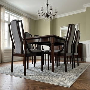 Ensemble de table à manger en teck massif avec 6 chaises à dossier haut rembourrées, en acajou foncé, rectangulaire, classique, suite de salle à manger formelle - Product Image 4