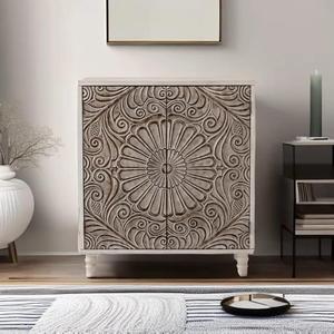 Hand-Carved Mandala Floral Wooden Accent Cabinet - Product Image 1