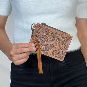 Wholesale Genuine Tooled Leather Handmade <b>Women</b> Clutch Zipper Closure Floral Design ATM Coin Credit <b>Card</b> Holder Writlet <b>Wallet</b> - Product Image 4