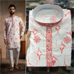 <b>Men</b> White Red Printed <b>Kurta</b> Pajama Set Regular Fit Traditional Indian Pakistani Knee-Length Cotton Casual Wear - Product Image 5
